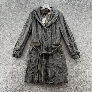 Vakko Coat Women Large Metallic Gray Boho Leather Trim Midi Trench Duster